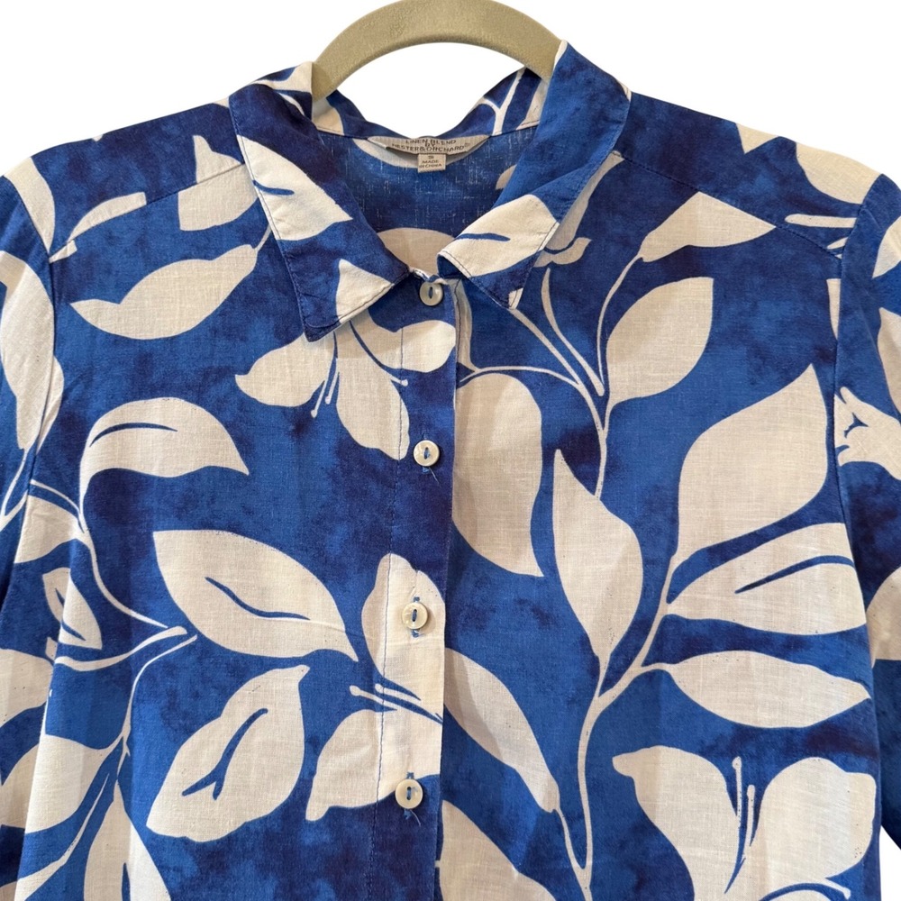 Blue White Floral Linen Tunic Top Coastal Boho Button Front Summer S Beachy